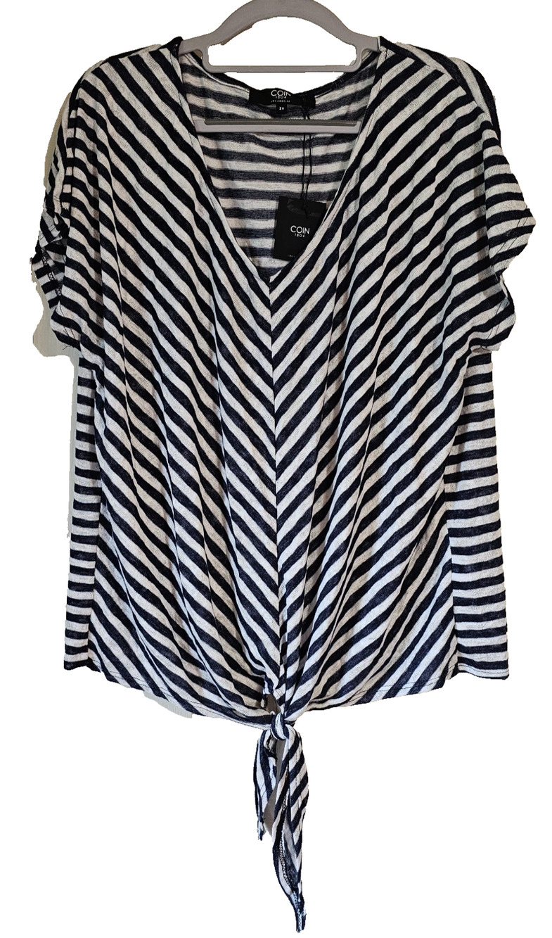 COIN 1804 Womens Striped Tie Front V Neck Top Navy Ivory NWT Plus Size 2X